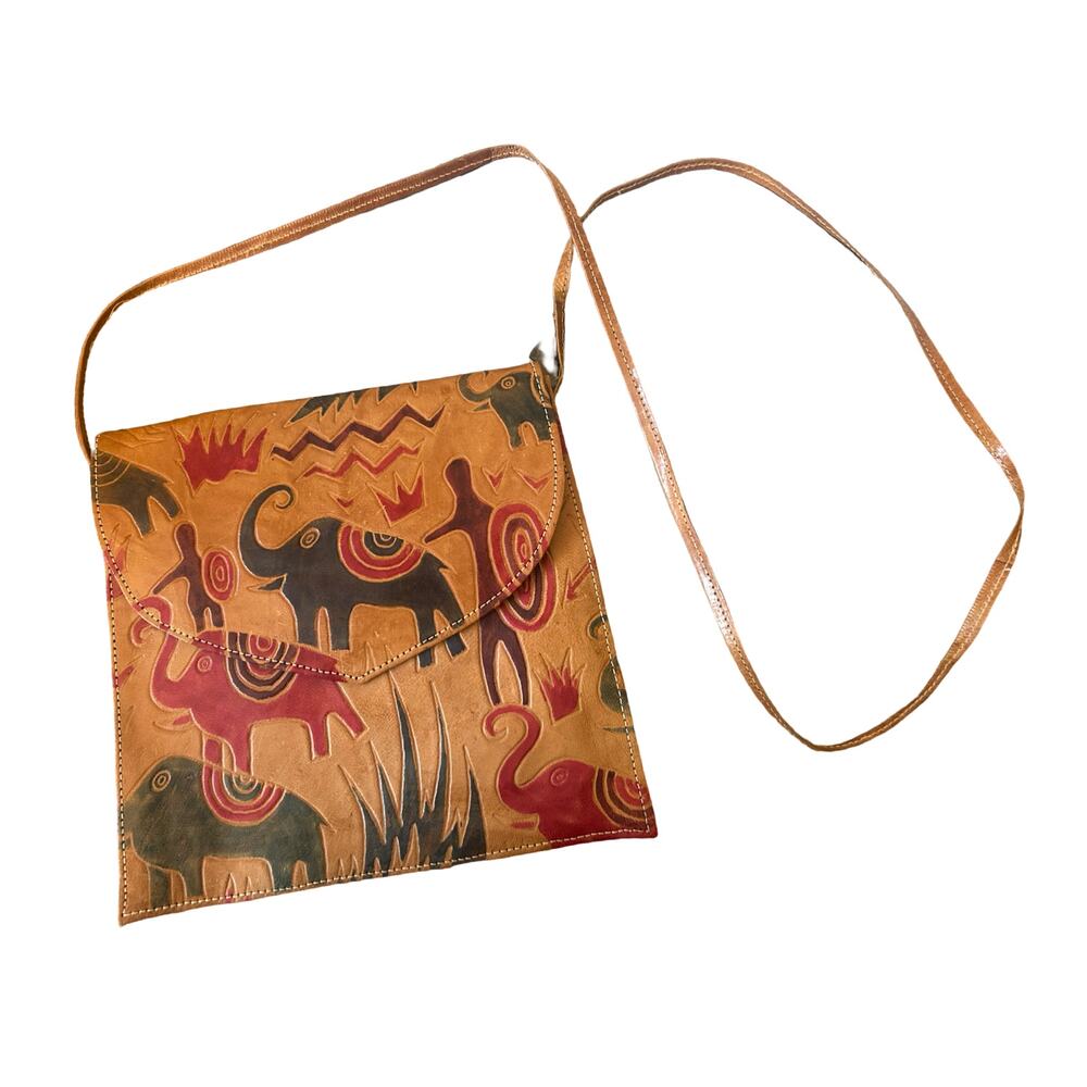 Vintage 1970s Hand‑Tooled 100% Leather Indian Purse — Painted Folk Art